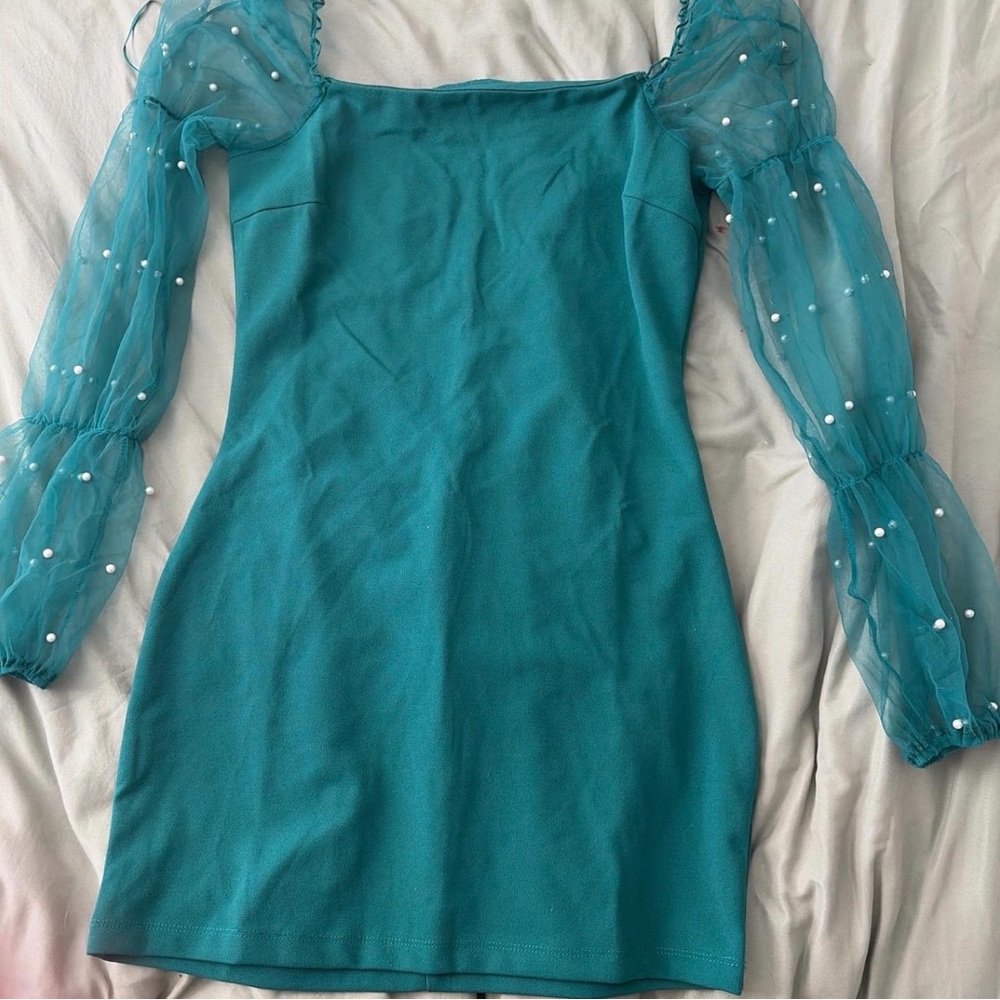 Chic Teal Long Sleeve Dress with Sheer Accents